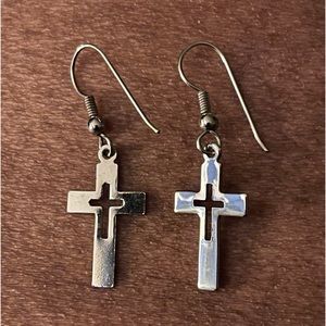 Silver tone dangle cross earrings with wire